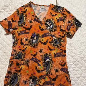 Disney Scrub Top Womens XS Orange Mickey Mouse Halloween V Neck Pockets